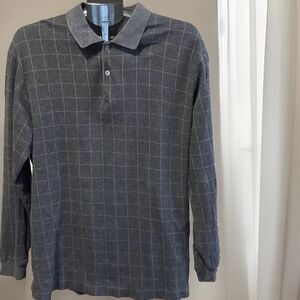 Nautica XL Classic Fit Mens Grey Window Pane Long Sleeve Cotton Polo